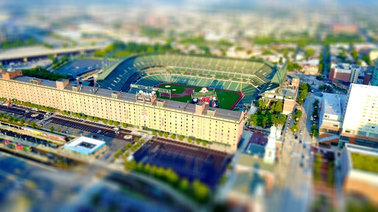 Aerial view of Oriole Park at Camden Yards, Baltimore, showcasing the iconic baseball stadium.