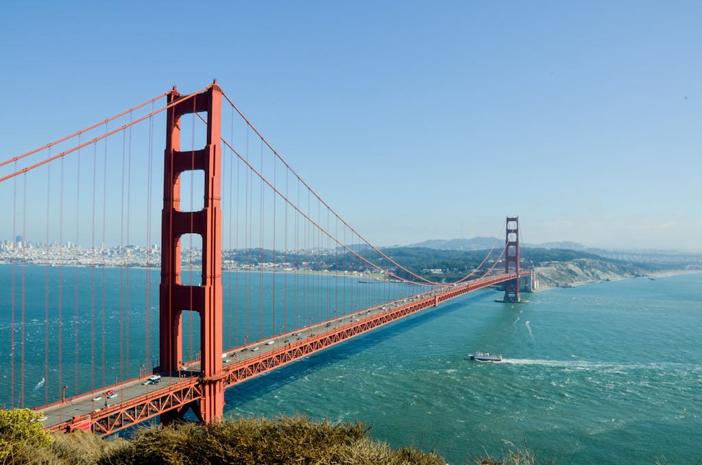 Iconic Golden Gate Bridge spanning the San Francisco Bay on a clear day in California.
