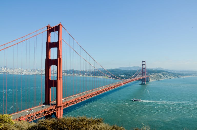Iconic Golden Gate Bridge spanning the San Francisco Bay on a clear day in California.